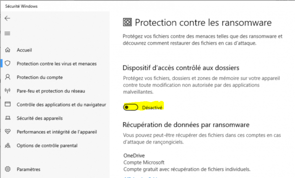 Protection RansomWare a activer